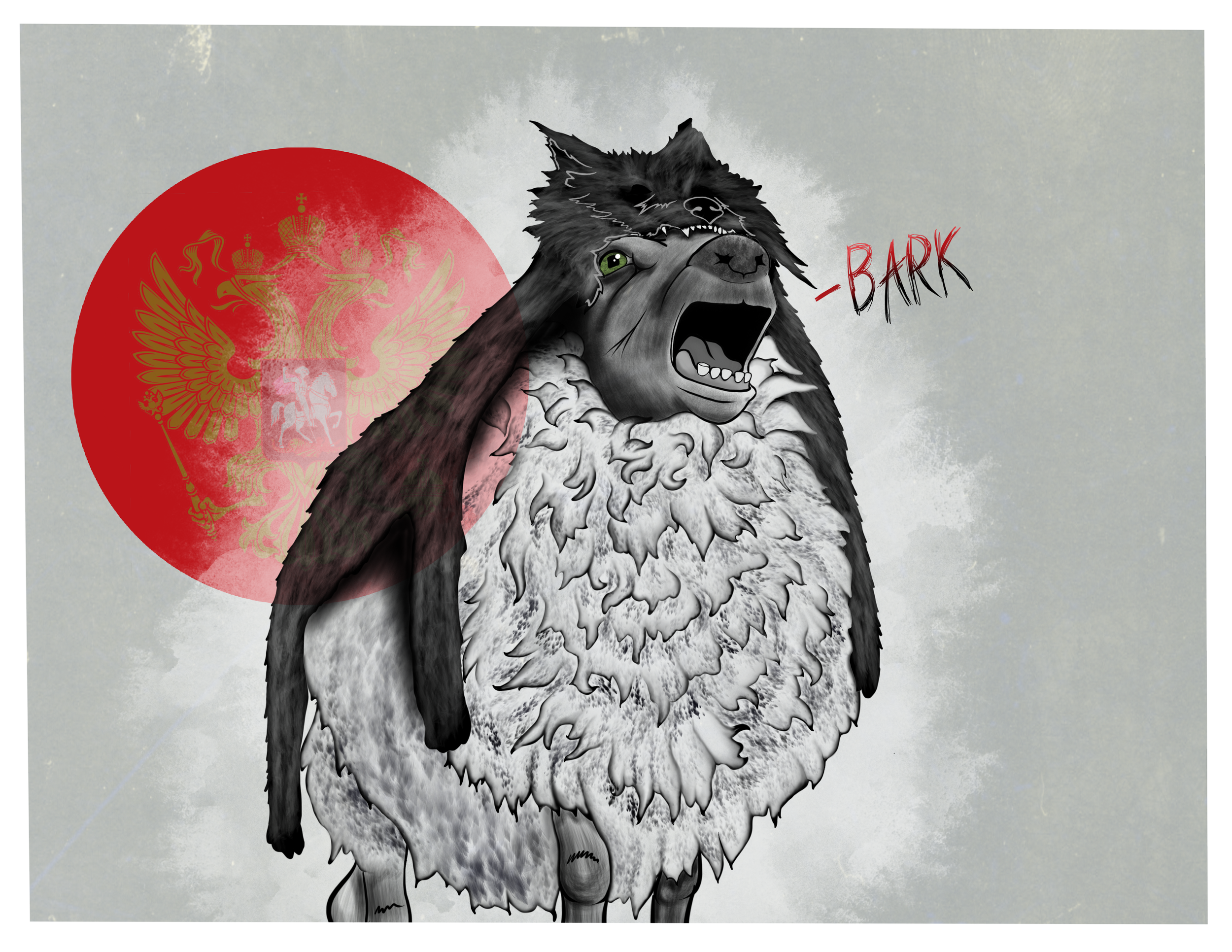 An artistic illustration of a black and white dog with a fierce expression, standing with a large red circular emblem resembling a flag with a golden eagle and crown in the background. The word "BARK" is written in red on the right side of the image.