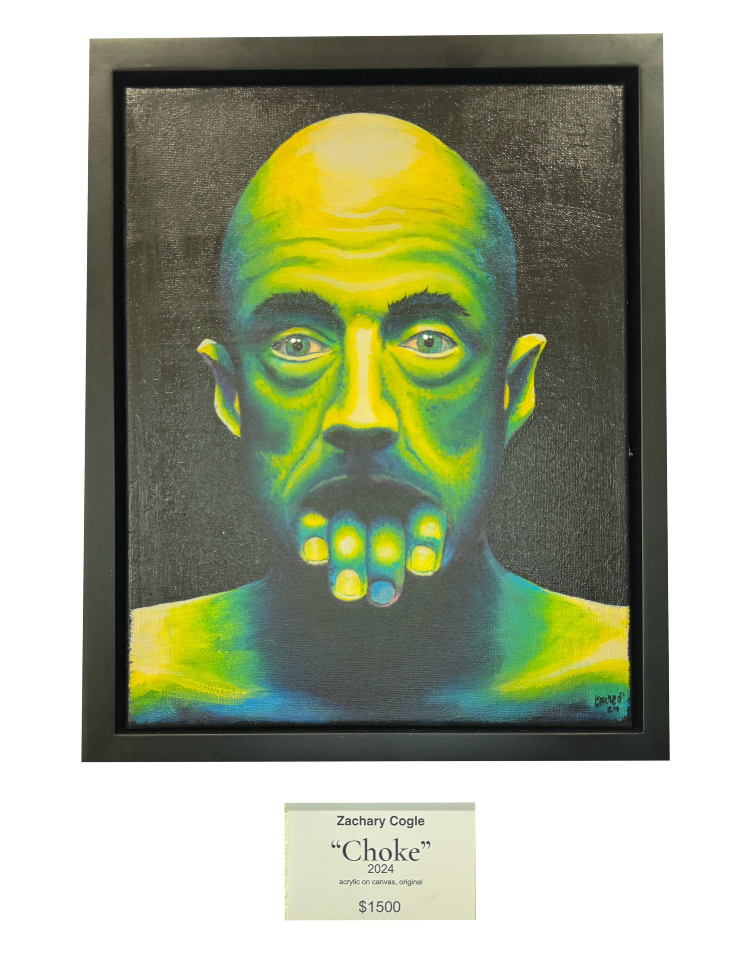 Painting titled 'Choke' by Zachary Cogle depicts a figure with a bright yellow-green face, exaggerated features, and large eyes, with a dark background. The figure's fingertip touches its lips, illustrating a contemplative expression.