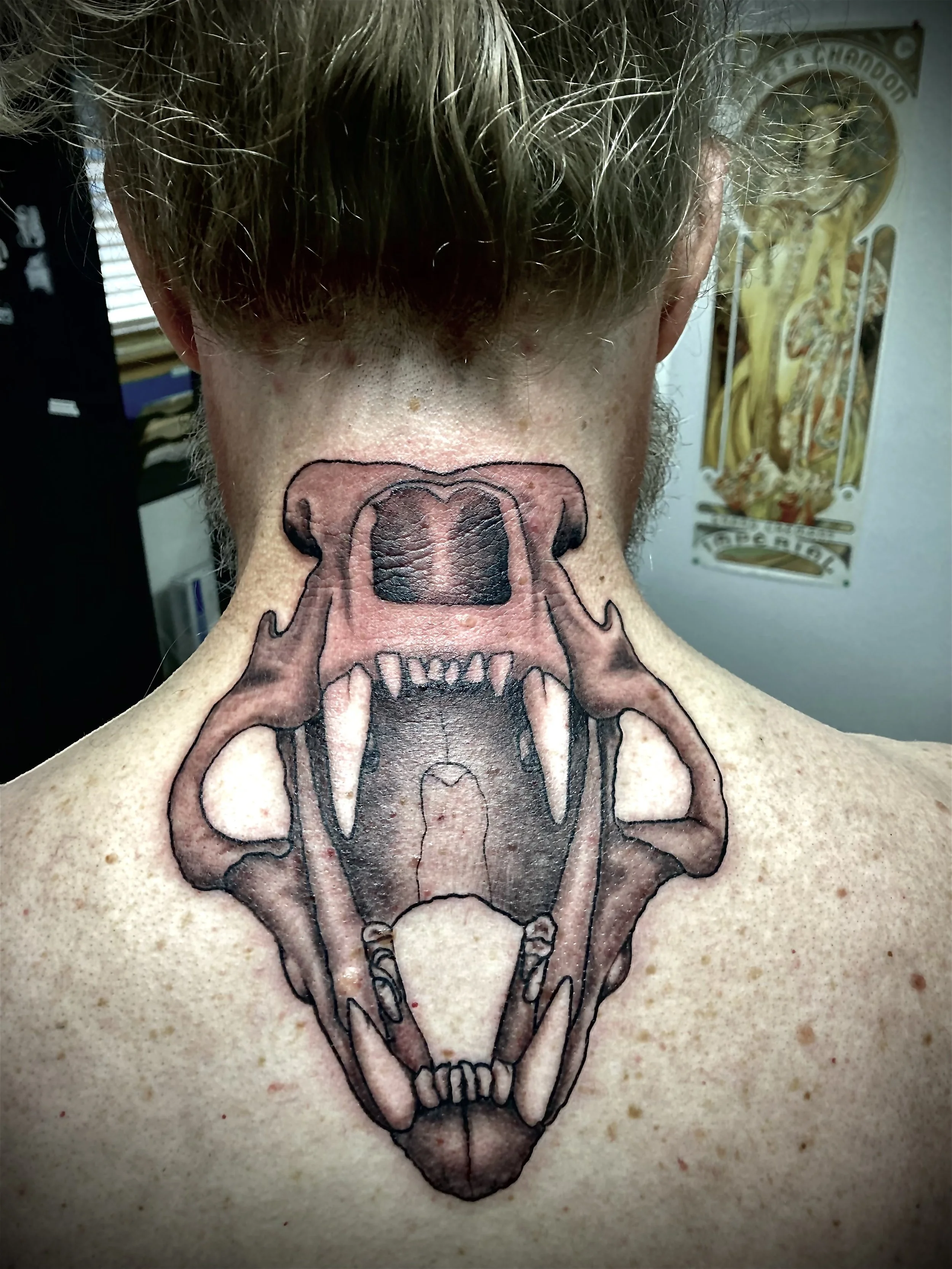 Close-up of the back of a person's neck with a large tattoo of an animal skull, specifically a bear skull, extending from the base of the skull to the upper back, with part of the person's hair visible at the top and some background elements like a window blind and a poster.