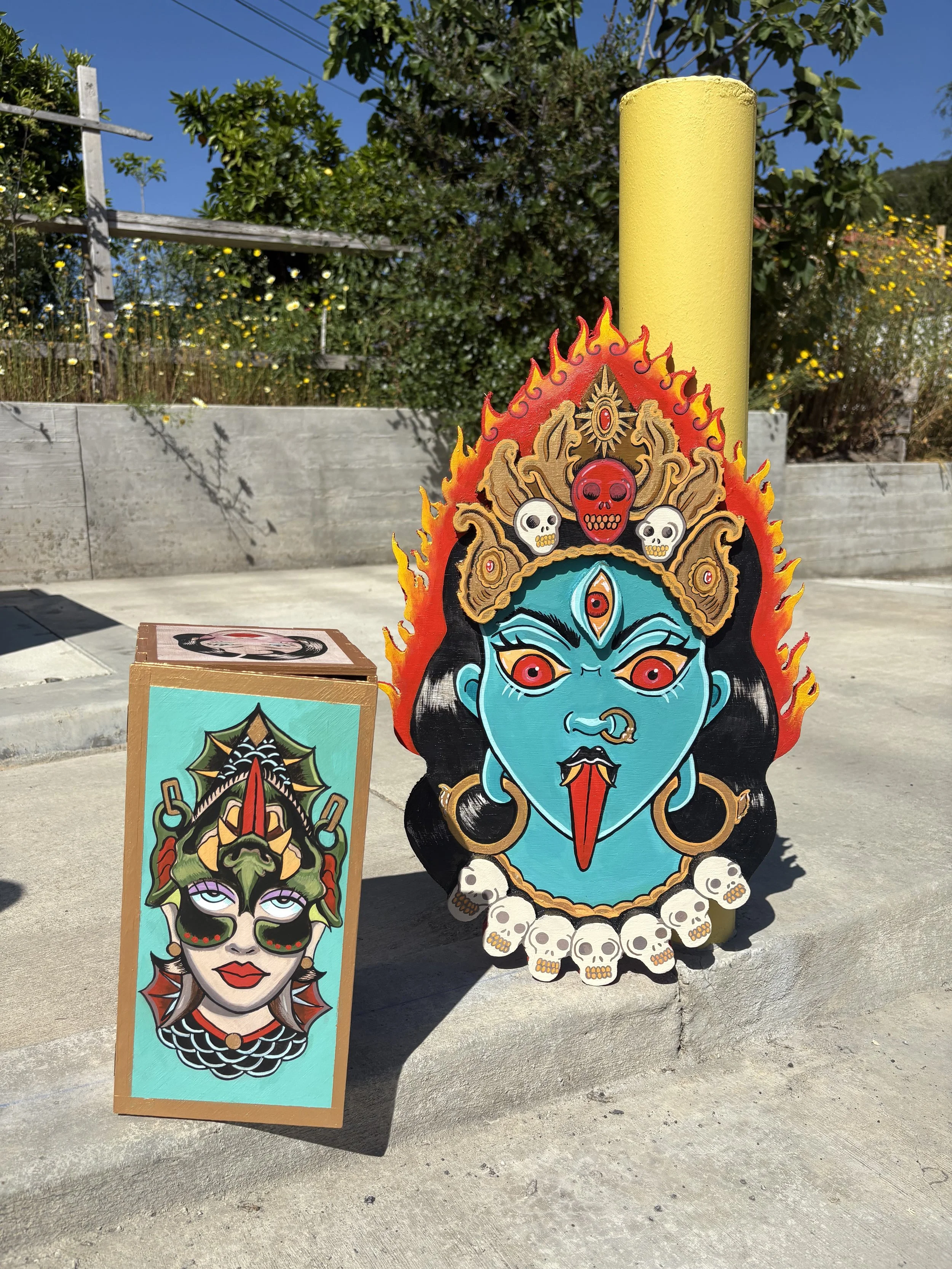 2" by 2" KALI acrylic woodcut out and acrylic painted wooden box 