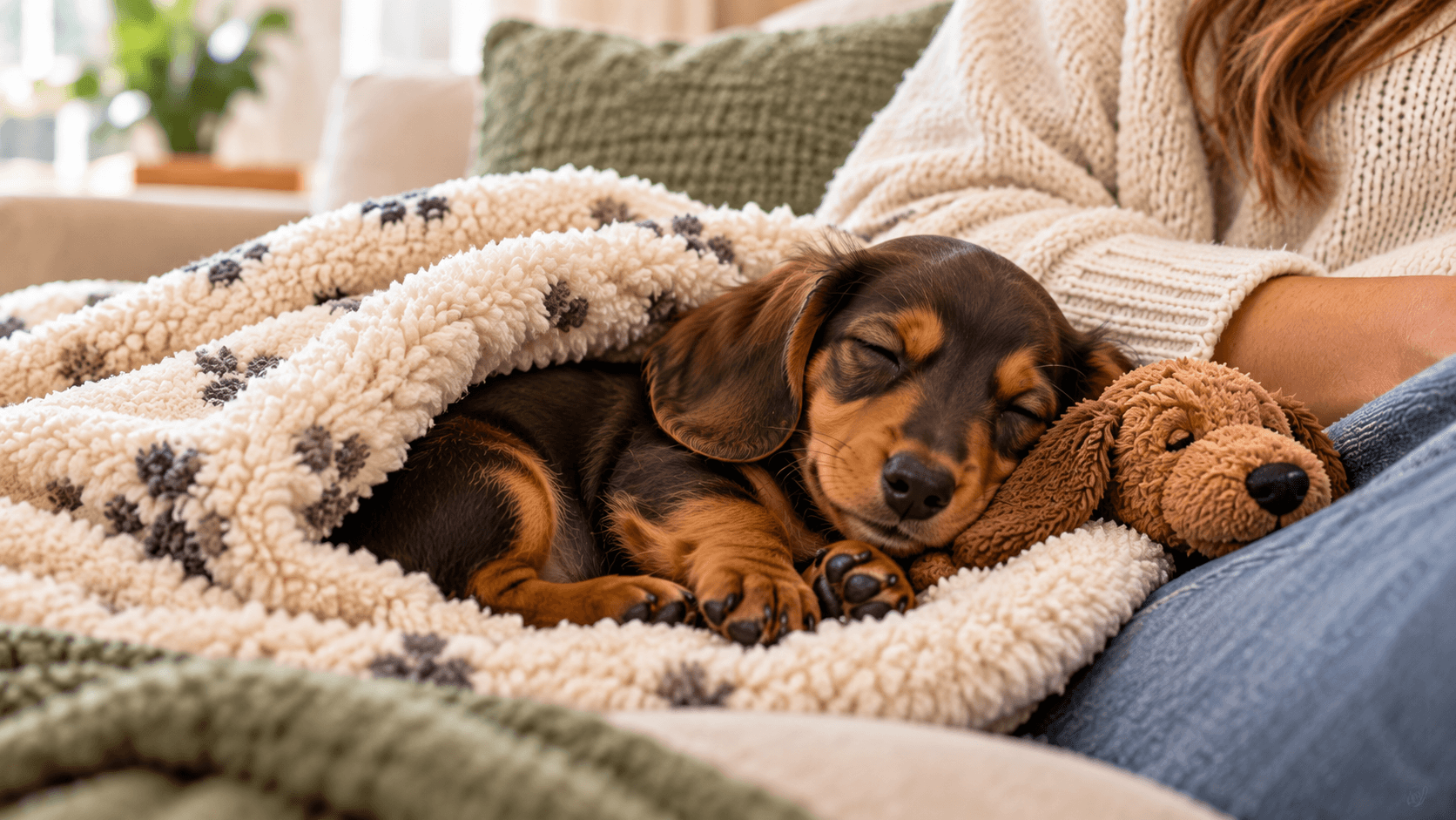 Sleepy dachshund puppy curled up under a cozy blanket beside its owner and a stuffed toy.