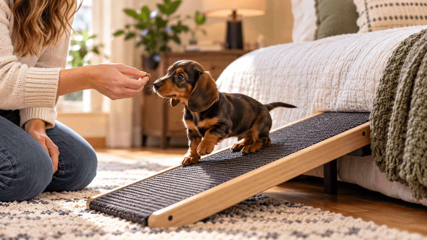 Dachshund puppy learning to use a carpeted dog ramp with gentle encouragement and a training treat.