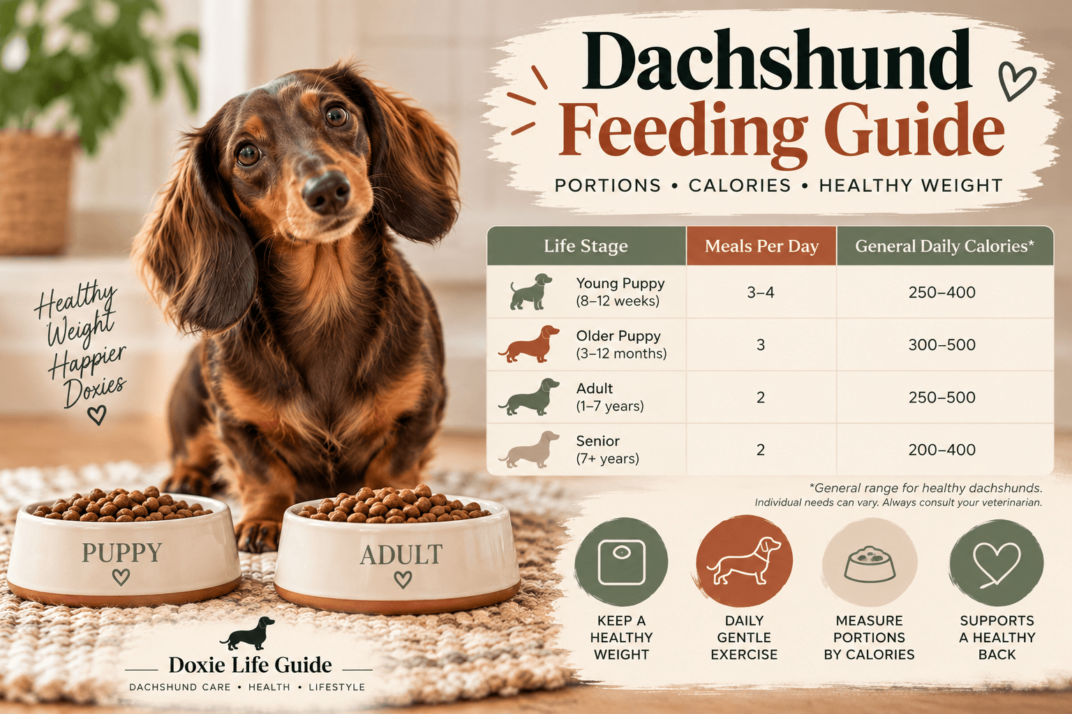 Dachshund feeding guide showing puppy, adult and senior meal frequency and general daily calorie ranges for maintaining a healthy weight.