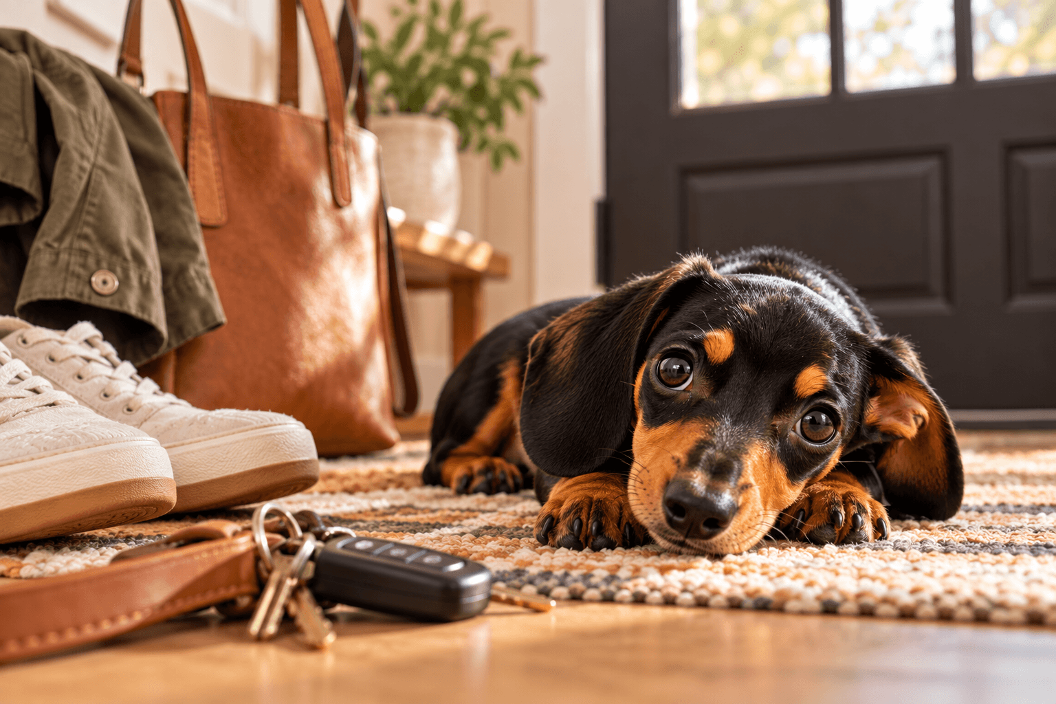 Black and tan dachshund puppy lying near the front door beside shoes, keys, and a bag, showing common departure cues that can trigger separation anxiety.