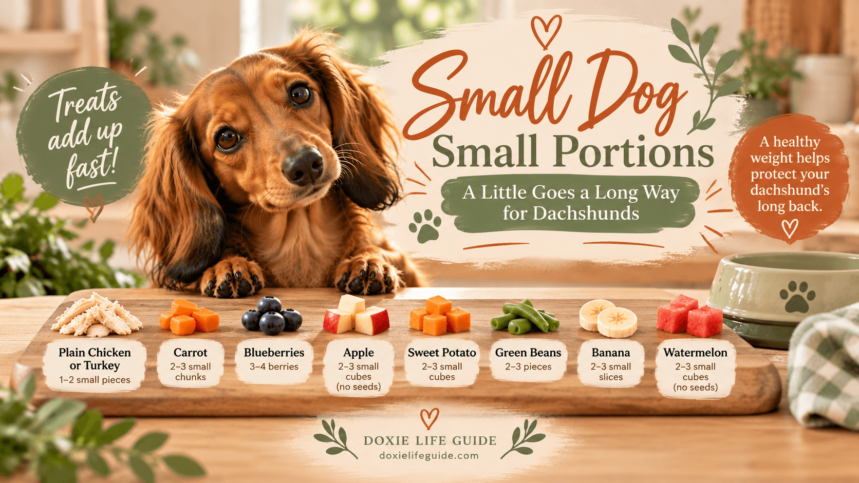 Long-haired dachshund beside small portions of dog-safe foods including chicken, carrots, blueberries, apple and green beans, illustrating healthy treat portion sizes for dachshunds.