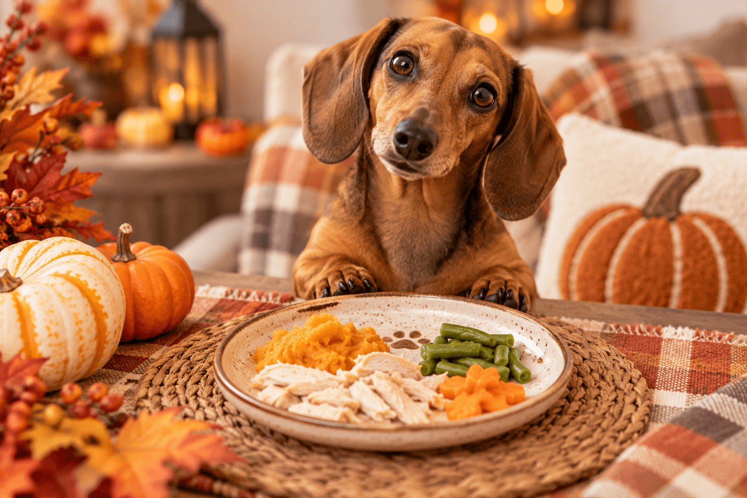 Brown dachshund sitting beside a dog-friendly Thanksgiving dinner plate with plain turkey, sweet potato, green beans, and carrots, surrounded by pumpkins, autumn leaves, and cozy fall decorations.