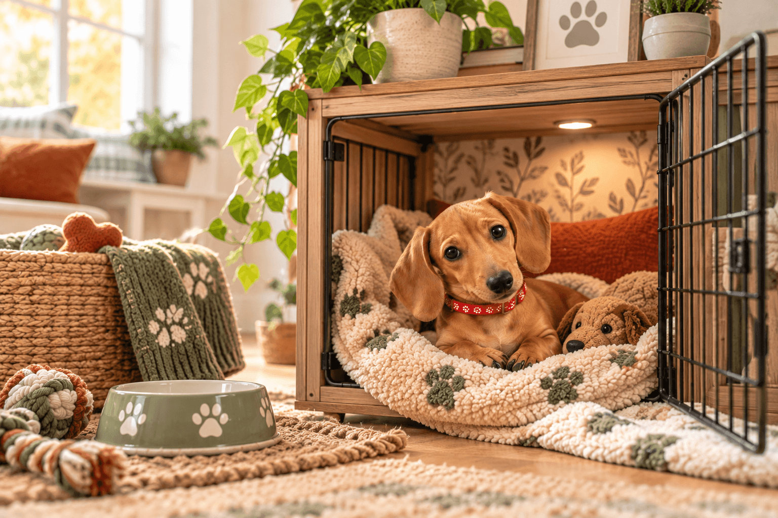 Dachshund puppy sitting calmly inside an open, cozy dog crate with soft bedding, showing a comfortable and positive crate training setup.
