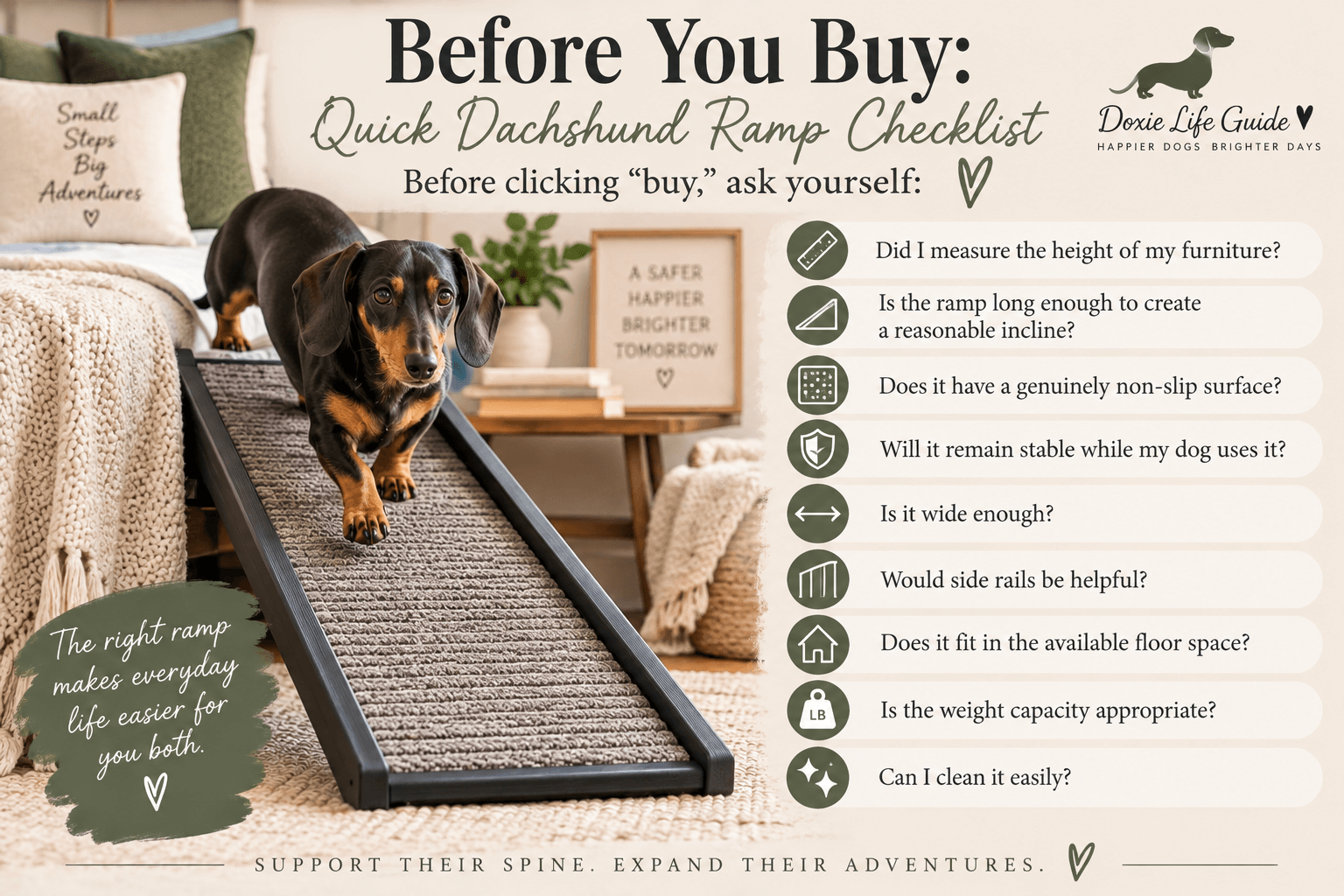 Dachshund using a carpeted dog ramp beside a bed with a checklist highlighting important ramp features including incline, traction, stability, width and proper fit.