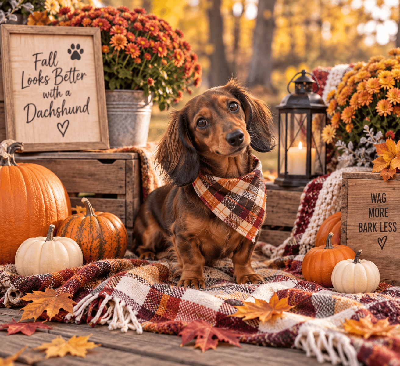 Dachshund posing in a cozy fall photo shoot surrounded by pumpkins, autumn leaves, plaid blankets and seasonal decorations.