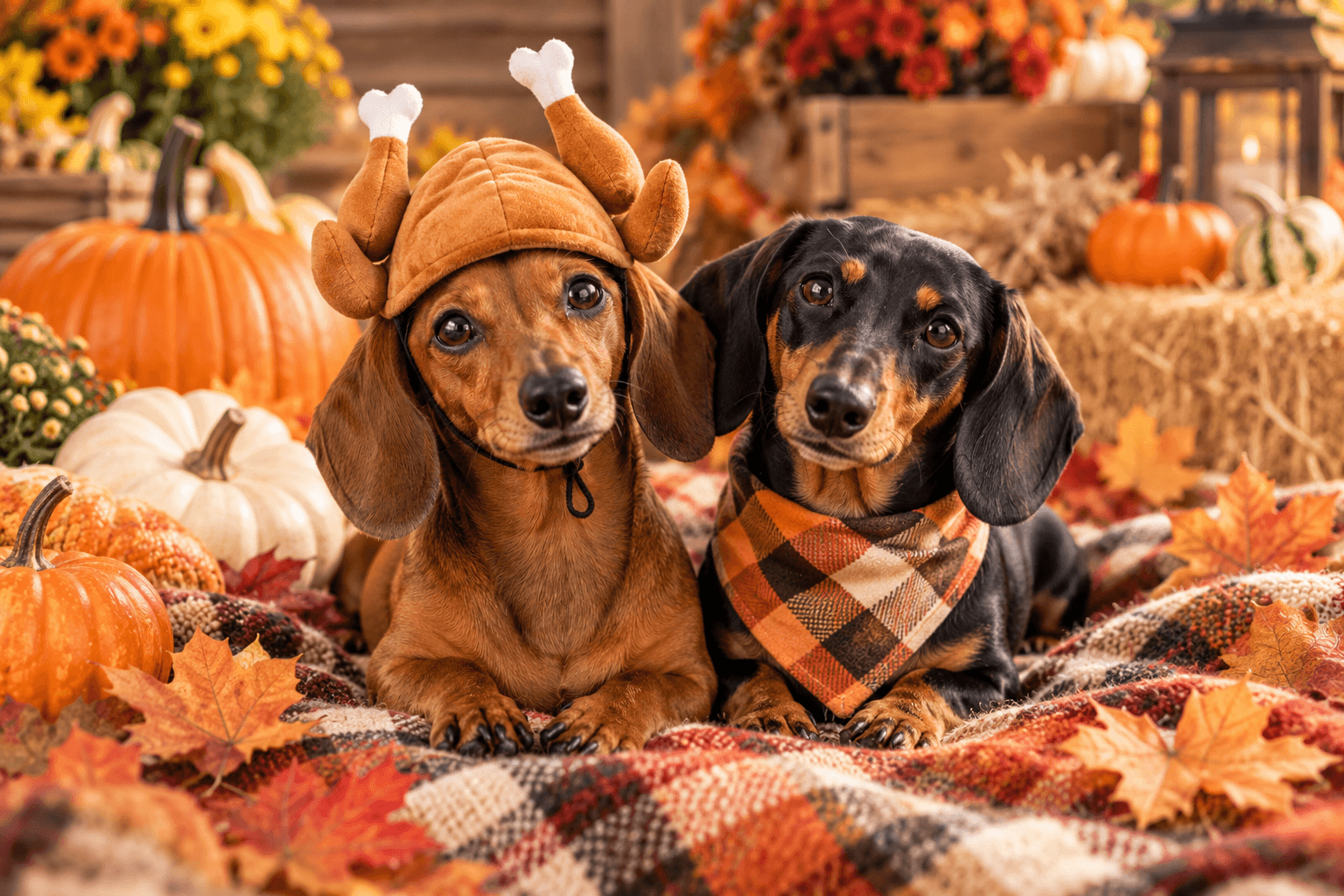 Two dachshunds dressed for Thanksgiving, one wearing a plush turkey hat and the other an orange-and-black plaid bandana, surrounded by pumpkins, autumn leaves, and fall decorations.