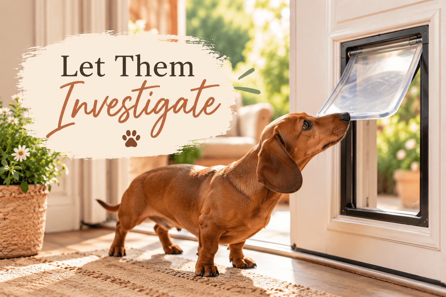 Dachshund investigating a dog door flap during training to learn how to use a doggy door.