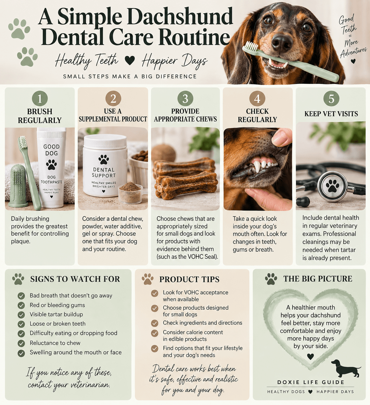 Dachshund dental care routine infographic showing five steps: regular brushing, dental support products, choosing evidence-based products, checking teeth and gums, and routine veterinary dental care.