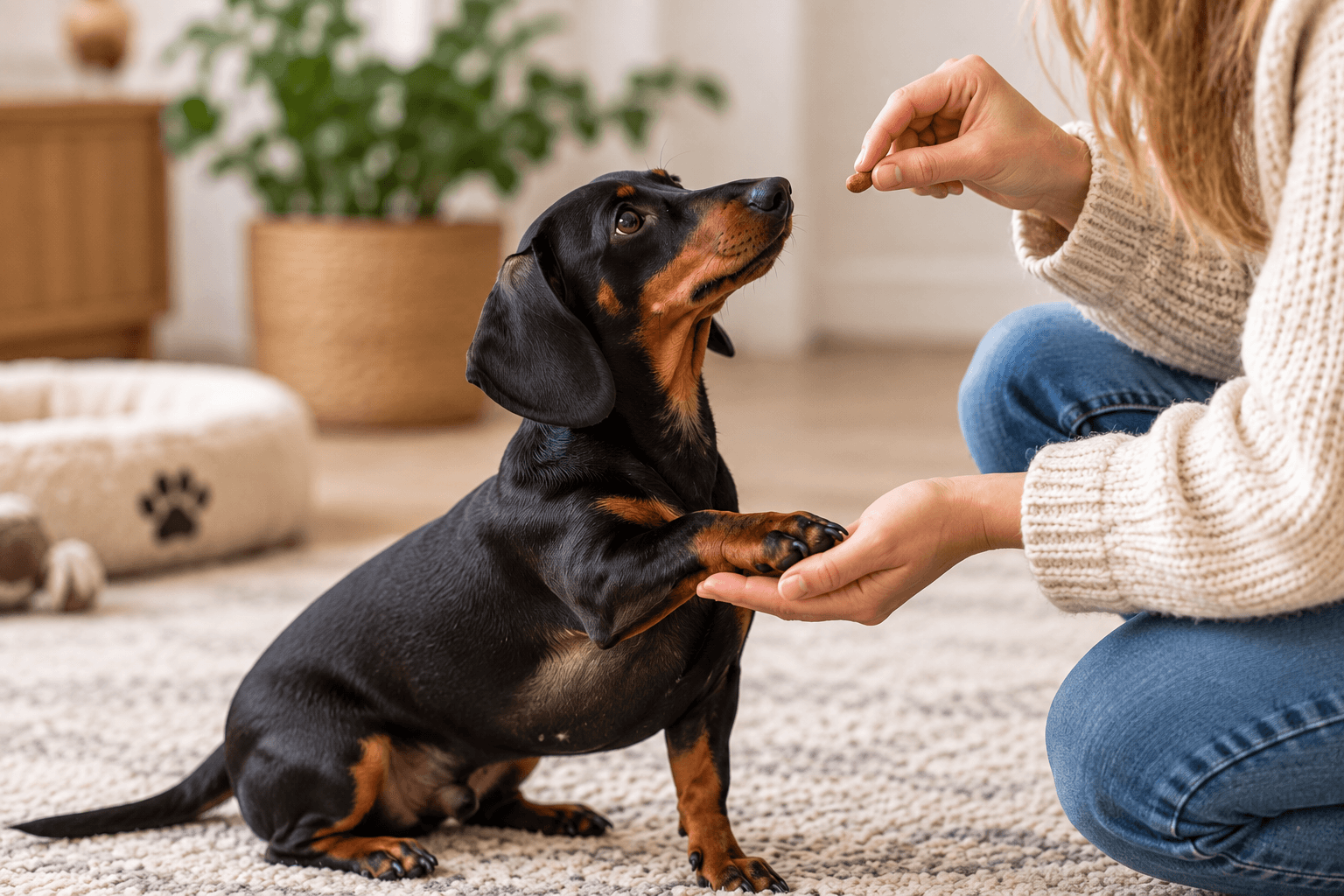 Black-and-tan dachshund working with a person using positive treat-based training.