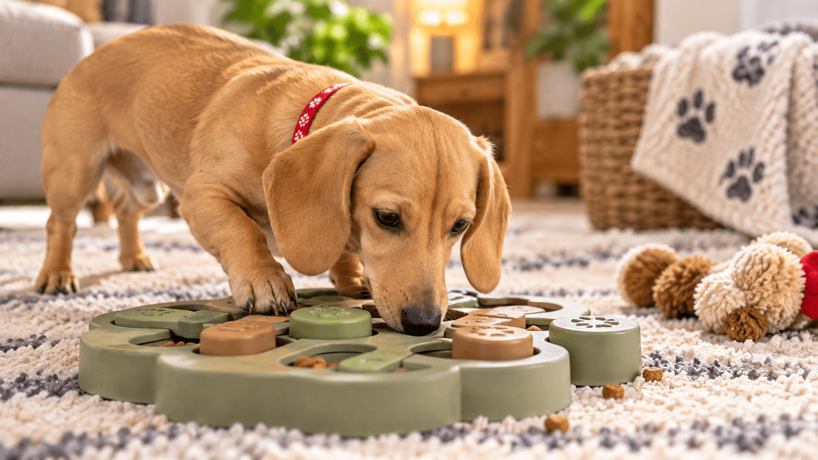 Cream dachshund using a treat puzzle toy for mental enrichment and training in a cozy home setting.