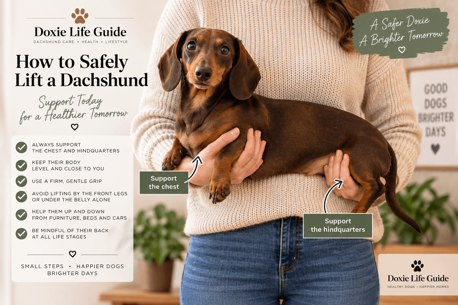 Person properly holding a dachshund with one hand supporting the chest and the other supporting the hindquarters to protect the dog’s back and spine.