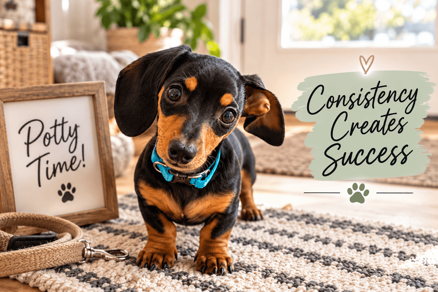 Black and tan dachshund puppy during potty training with signs reading “Potty Time” and “Consistency Creates Success,” illustrating a consistent dachshund house-training routine.