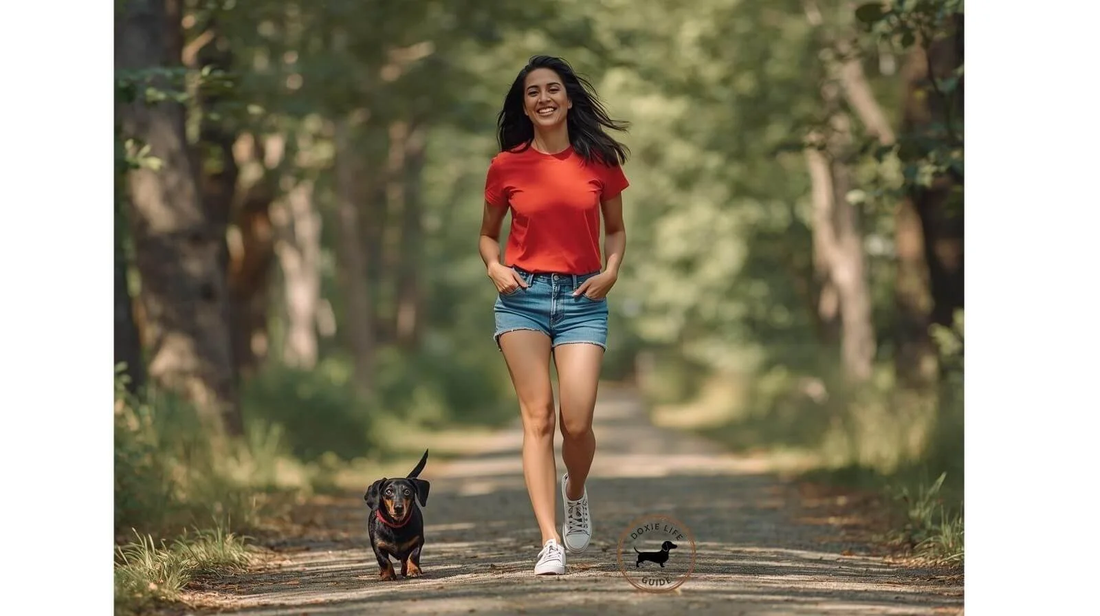 Woman walking her dachshund on a wooded trail during a summer day