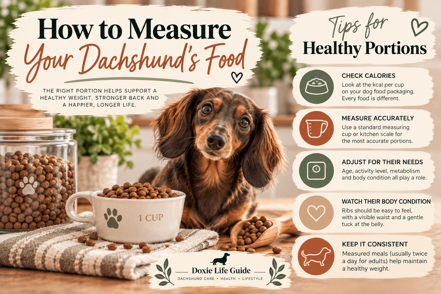 Chocolate dachshund beside a measured cup of dog food with tips for measuring healthy food portions and maintaining a healthy weight.