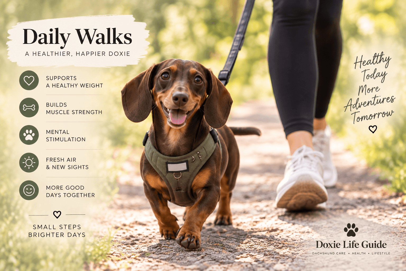 Dachshund enjoying a daily walk on a leash and harness, supporting healthy weight, muscle strength, mental stimulation and overall well-being.