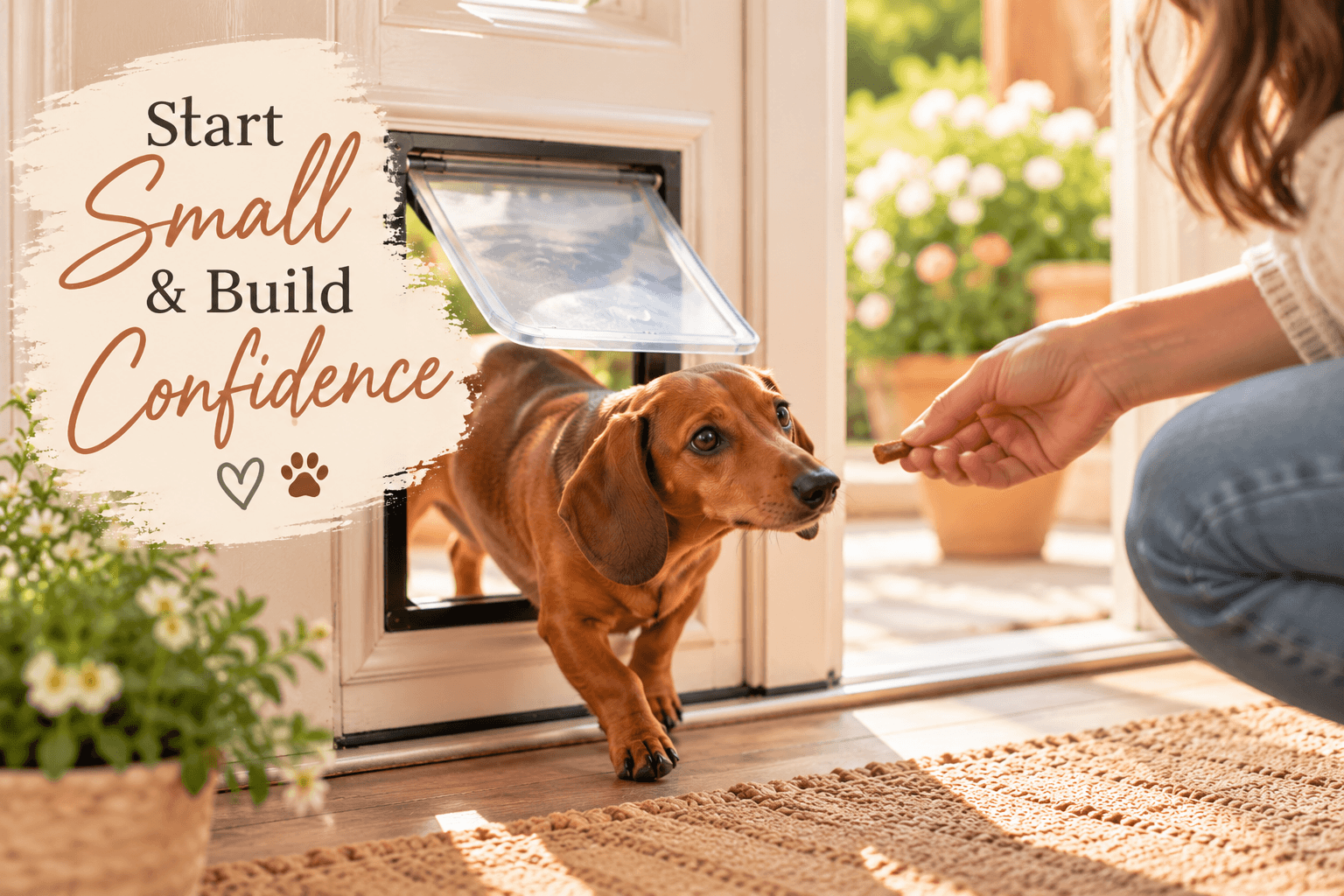 Dachshund learning to use a dog door with a treat reward to build confidence during training.