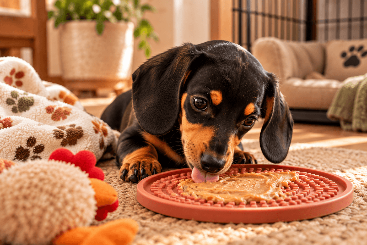 Black and tan dachshund puppy using a lick mat for mental enrichment and distraction to help ease separation anxiety when left alone.