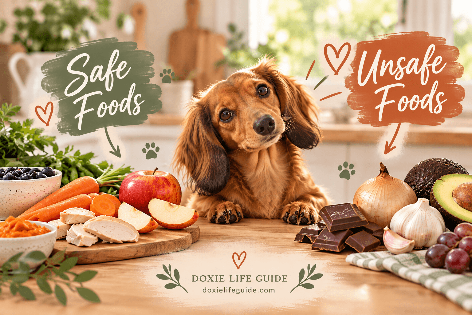 Long-haired dachshund sitting between dog-safe foods like carrots, blueberries, apple and chicken and unsafe foods including chocolate, grapes, onion and garlic, illustrating safe and unsafe foods for dachshunds.