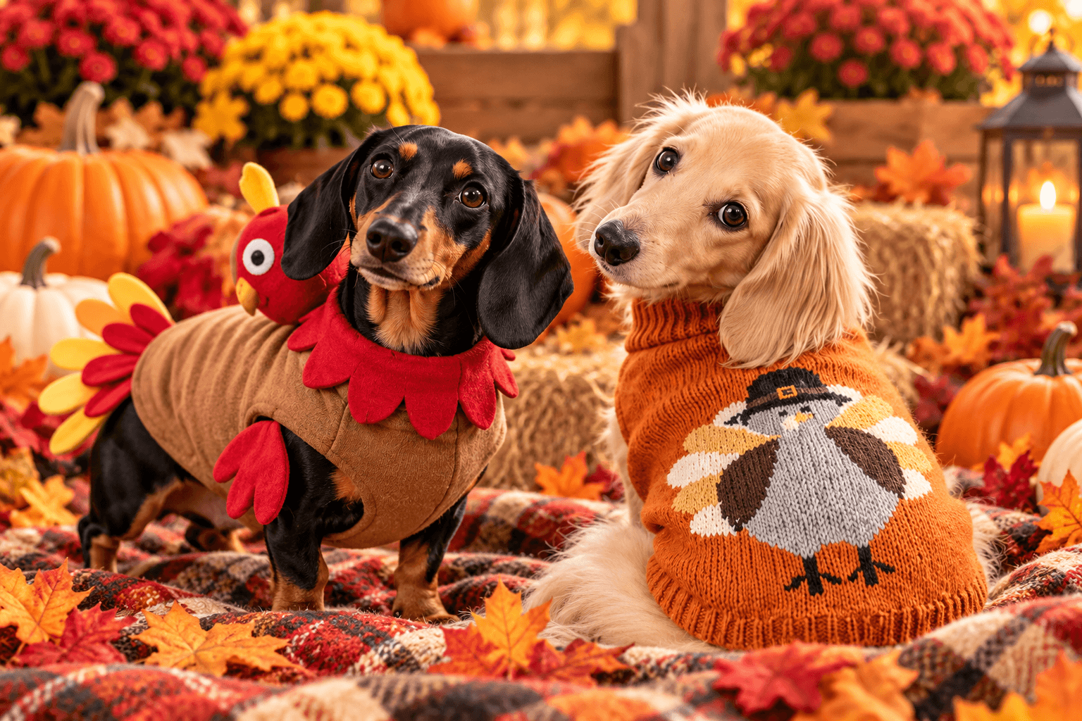 Black-and-tan dachshund wearing a colorful Thanksgiving turkey costume beside a cream-colored long-haired dachshund in an orange knit turkey sweater, surrounded by pumpkins, autumn leaves, and festive fall decorations.