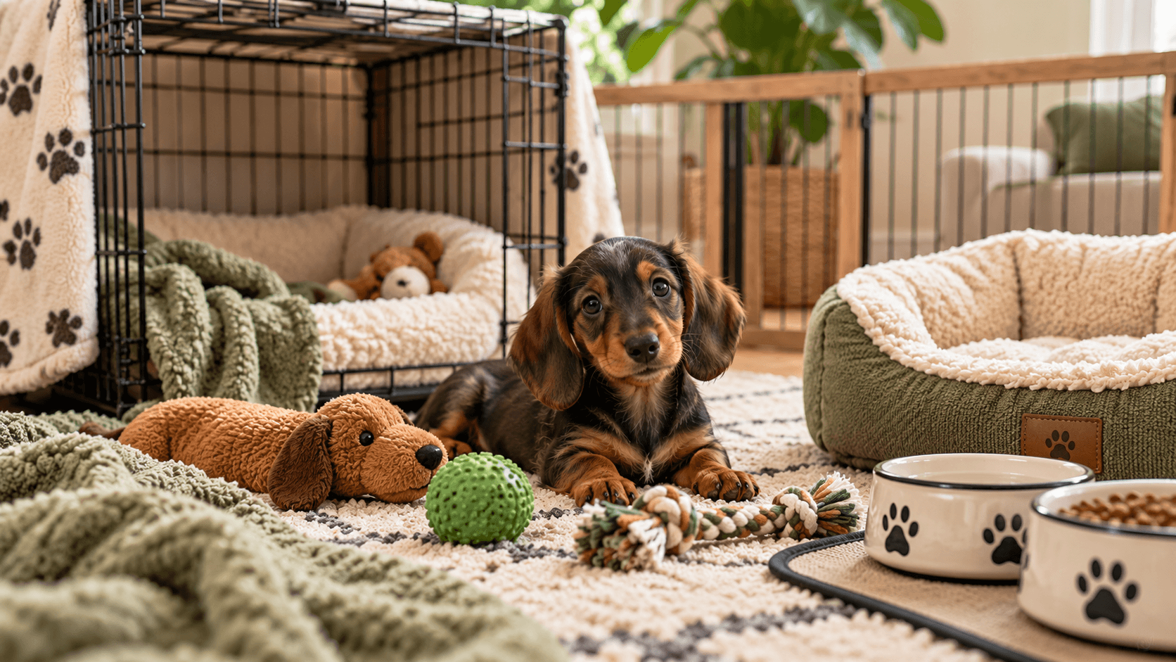 Black and tan dachshund puppy in a cozy puppy-safe area with a crate, dog bed, food and water bowls, blanket, and puppy toys.