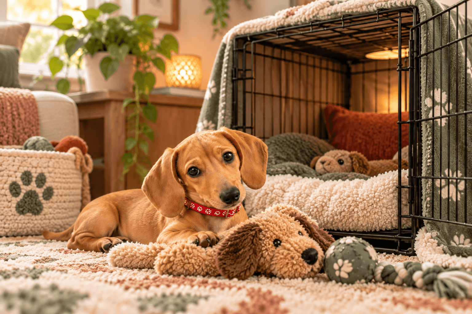 Dachshund puppy relaxing beside an open, cozy dog crate with soft bedding and toys during positive crate training.