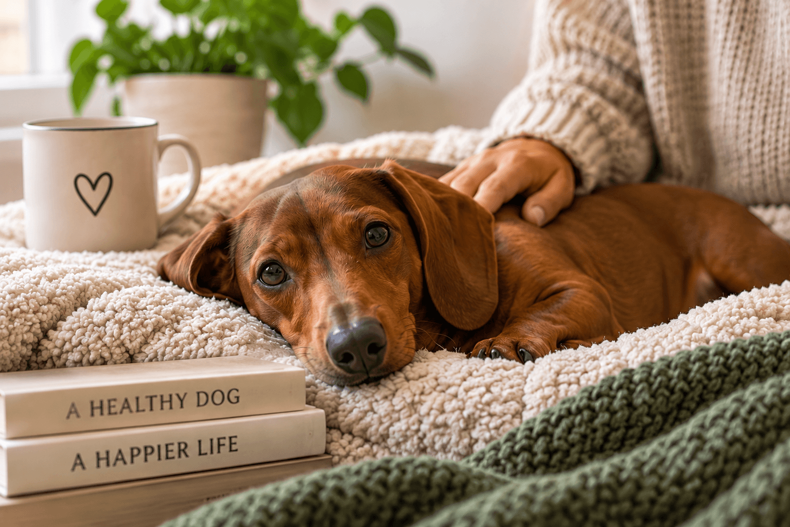 red/brown dachshund in a cozy home, having a gentle wellness/care moment with its owner.