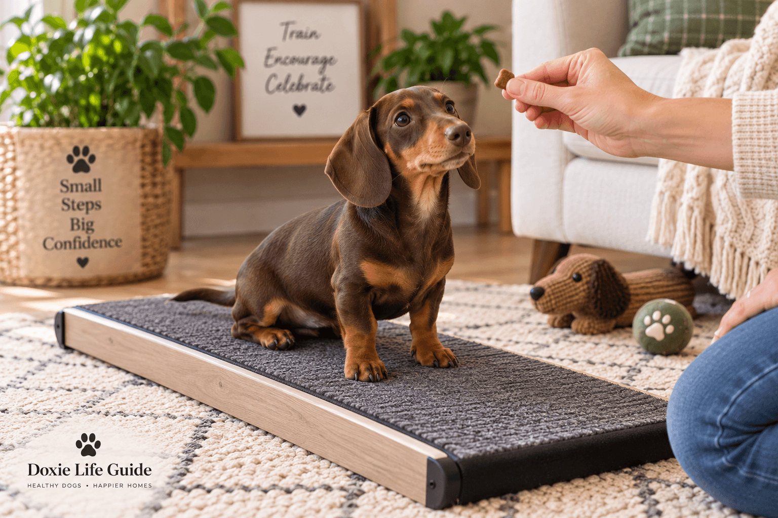 Black and tan dachshund puppy sitting on a flat dog ramp while being rewarded with a treat during ramp training.
