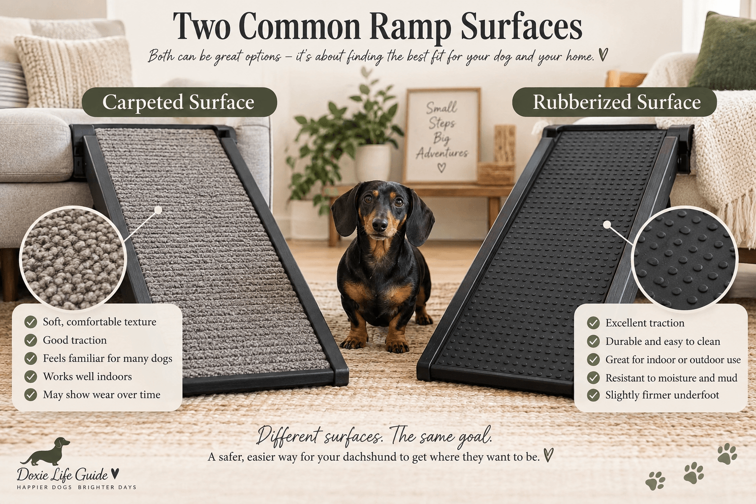 Carpeted and rubberized dog ramps shown side by side, comparing two grippy surface options for safe dachshund use.