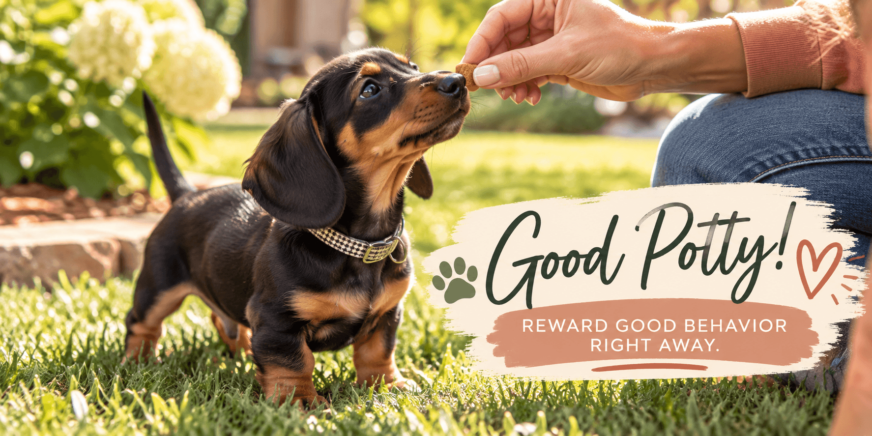 Black and tan dachshund puppy being rewarded with a treat immediately after going potty outside, demonstrating positive reinforcement during potty training.