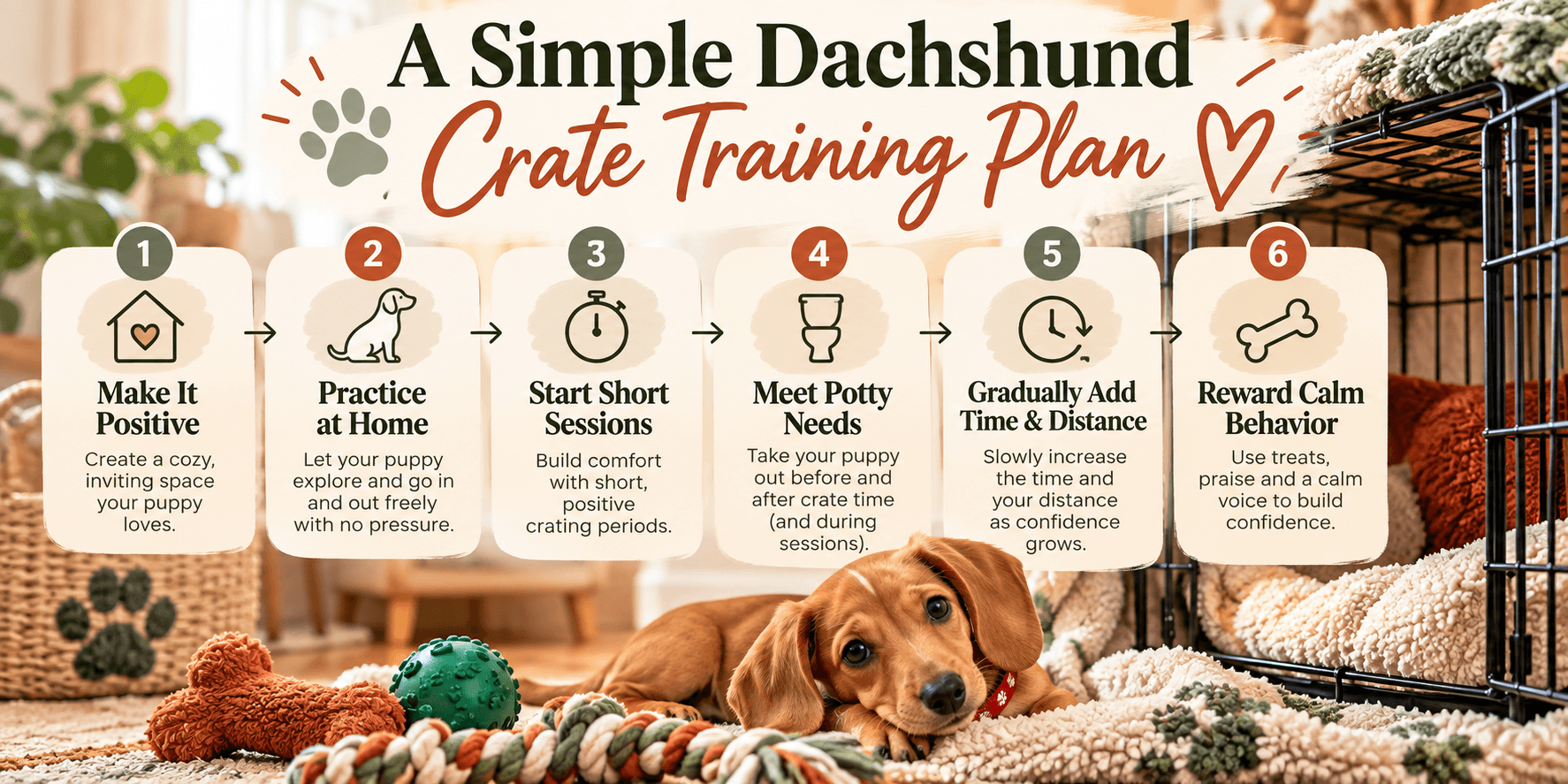 Dachshund crate training plan showing six simple steps: make the crate positive, practice at home, start with short sessions, meet potty needs, gradually add time and distance, and reward calm behavior.