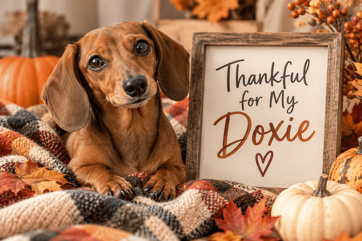 A sweet brown dachshund resting on a cozy plaid blanket beside a rustic “Thankful for My Doxie” sign, surrounded by pumpkins, autumn leaves, and warm Thanksgiving decorations.