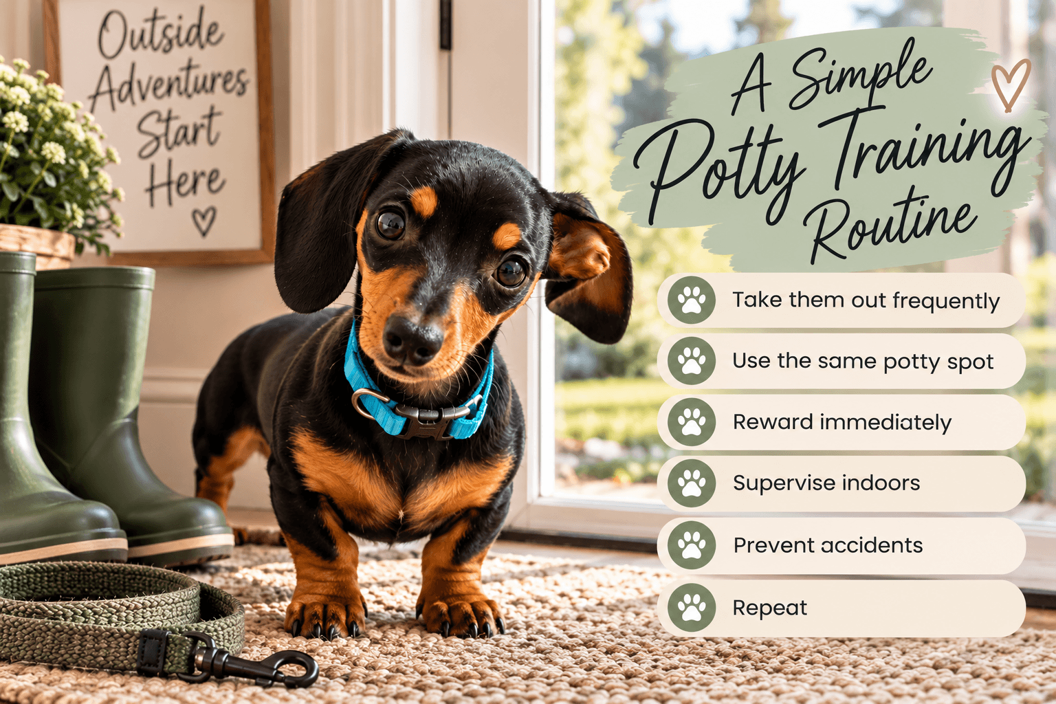 Black and tan dachshund puppy beside an illustrated potty training routine showing frequent outdoor trips, consistent cues, immediate rewards, supervision, and accident prevention.