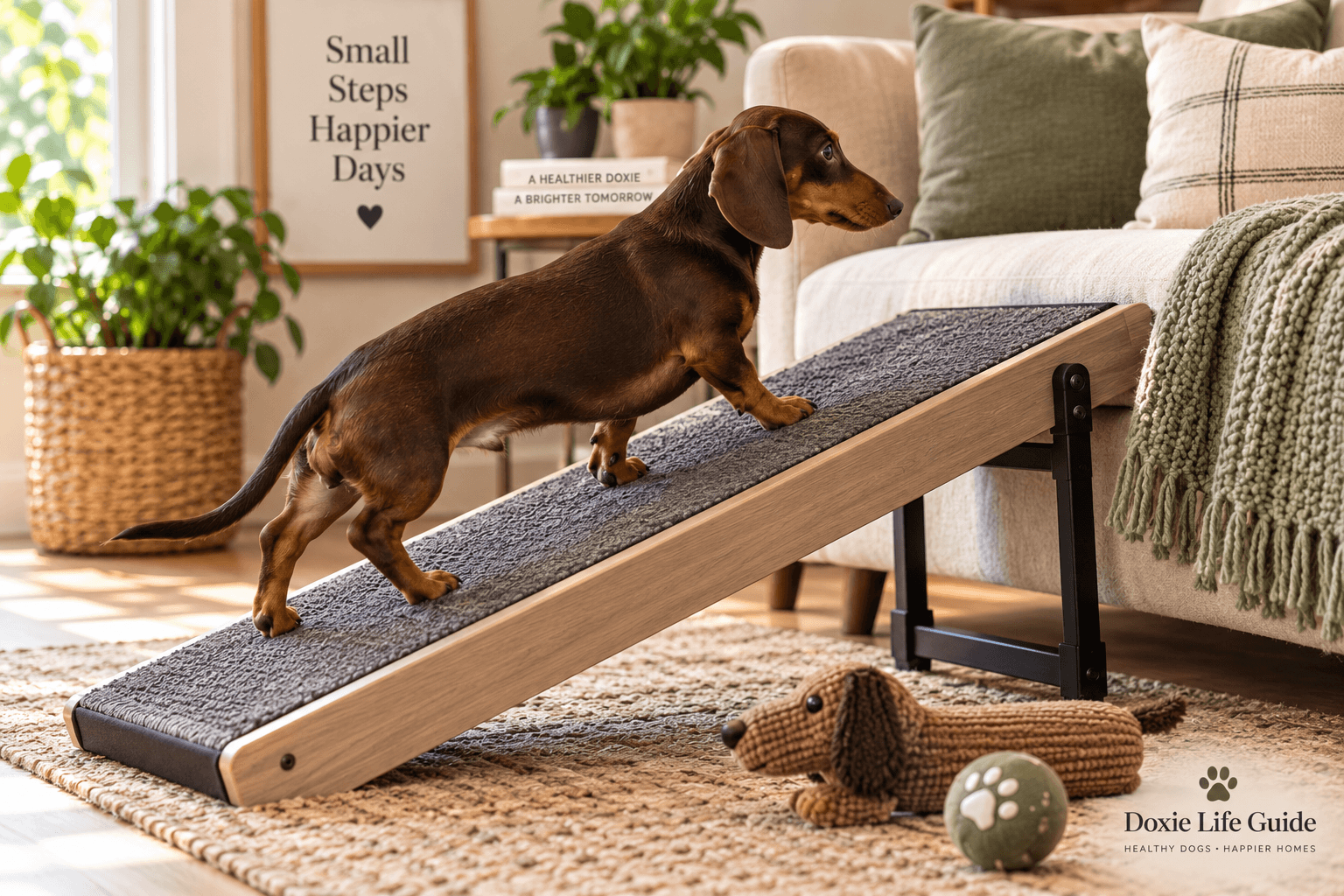 Black and tan dachshund learning to use a dog ramp with positive reinforcement