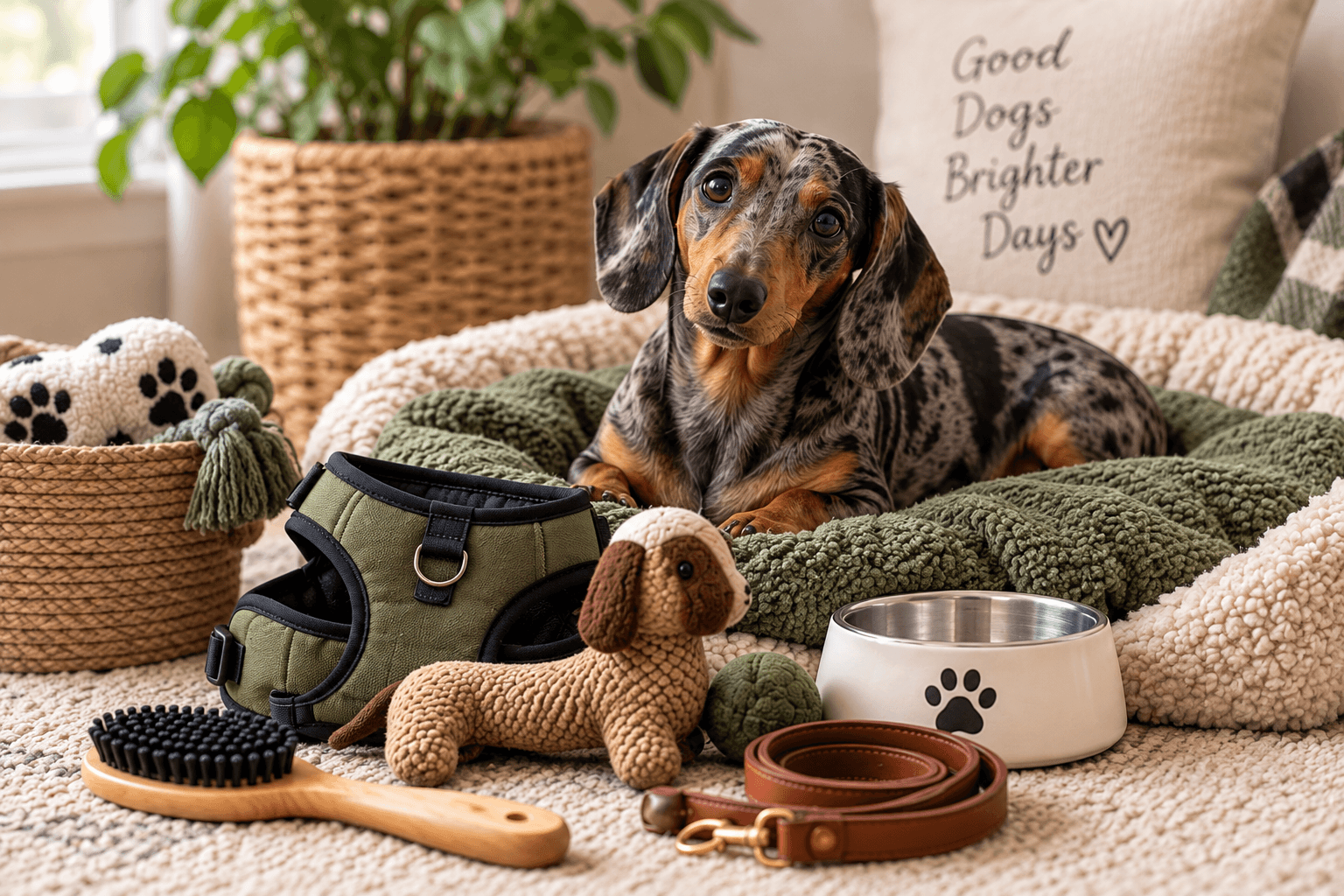 dapple dachshund with a tasteful collection of generic dachshund essentials—harness, bed, toy, grooming brush, etc.