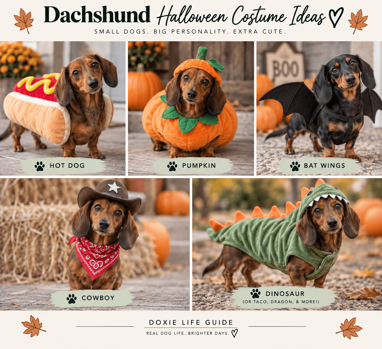 Dachshunds dressed in fun Halloween costumes including a hot dog, pumpkin, bat wings, cowboy and dinosaur for festive fall inspiration.