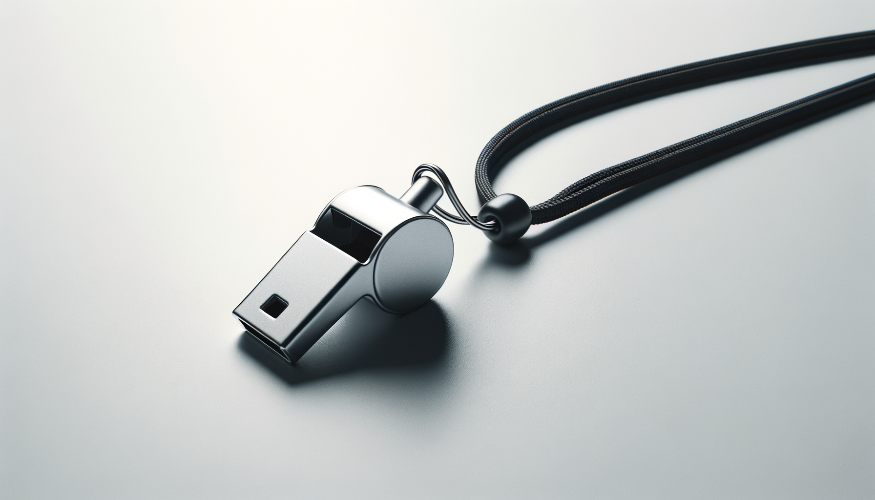 Close-up of a metallic whistle attached to a black lanyard on a plain light gray surface.