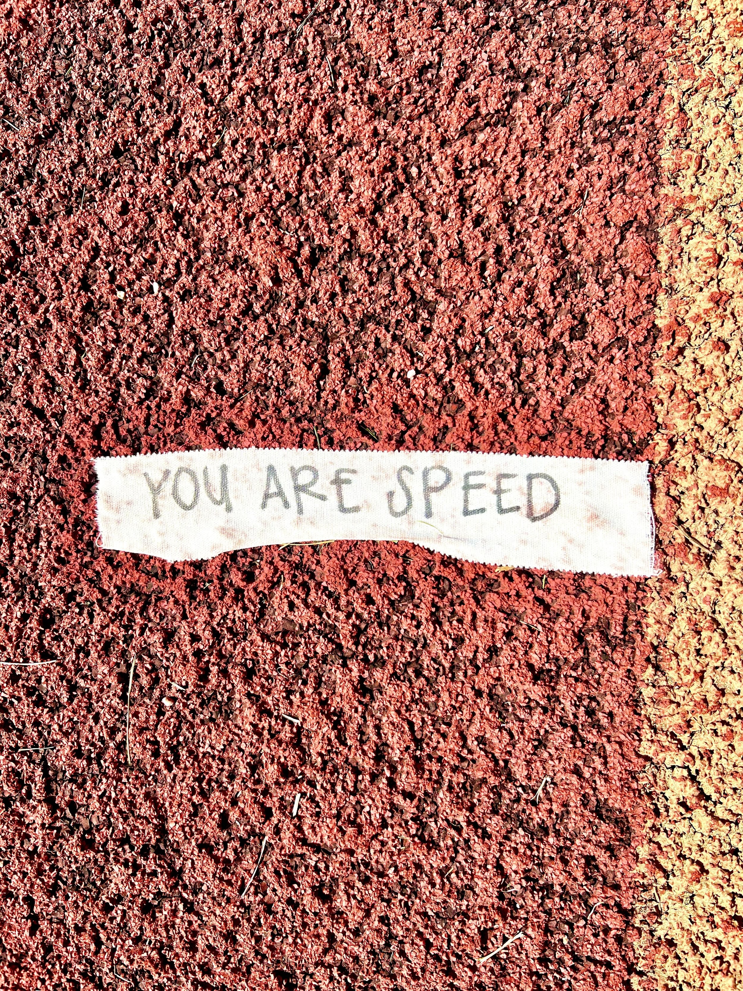 A piece of cloth with the words 'YOU ARE SPEED' handwritten in gray, lying on a red, textured surface.