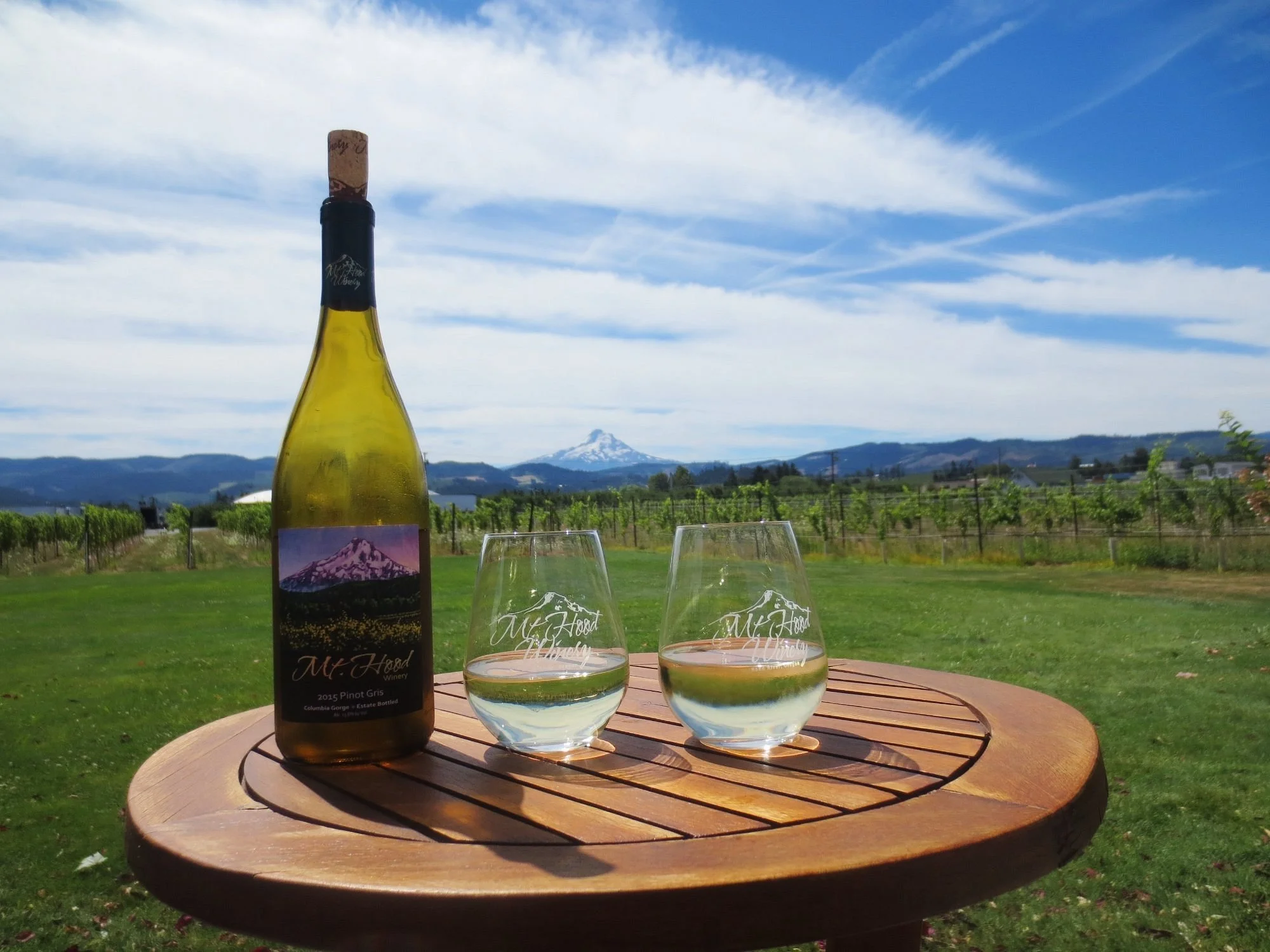 A bottle of white wine and two glasses filled with white wine on a round wooden table in a vineyard with a view of mountains and a snow-capped peak under a partly cloudy sky.
