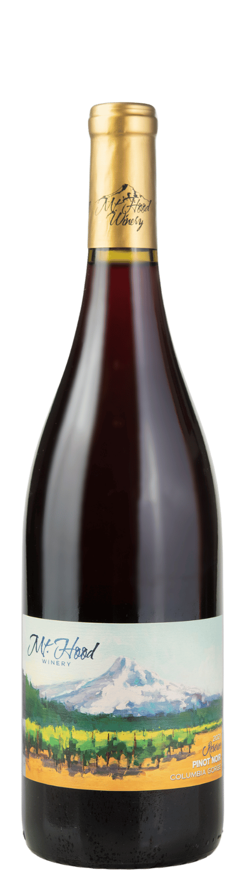 A bottle of Mr. Hood Winery Pinot Noir wine with a label showcasing a painted mountain scene and a gold foil capsule.