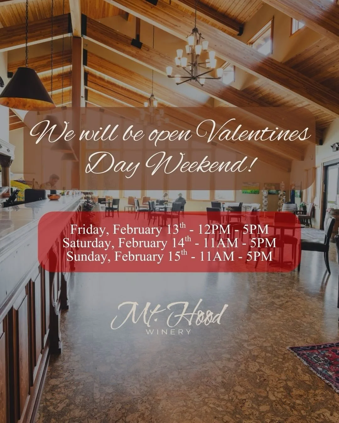 A little Valentine&rsquo;s surprise 💕
We&rsquo;re opening just for Valentine&rsquo;s Day Weekend this month to celebrate with special Valentine&rsquo;s pricing on our Pinot Noir Ros&eacute;.

Feb 13 | 12&ndash;5pm
Feb 14&ndash;15 | 11am&ndash;5pm

W