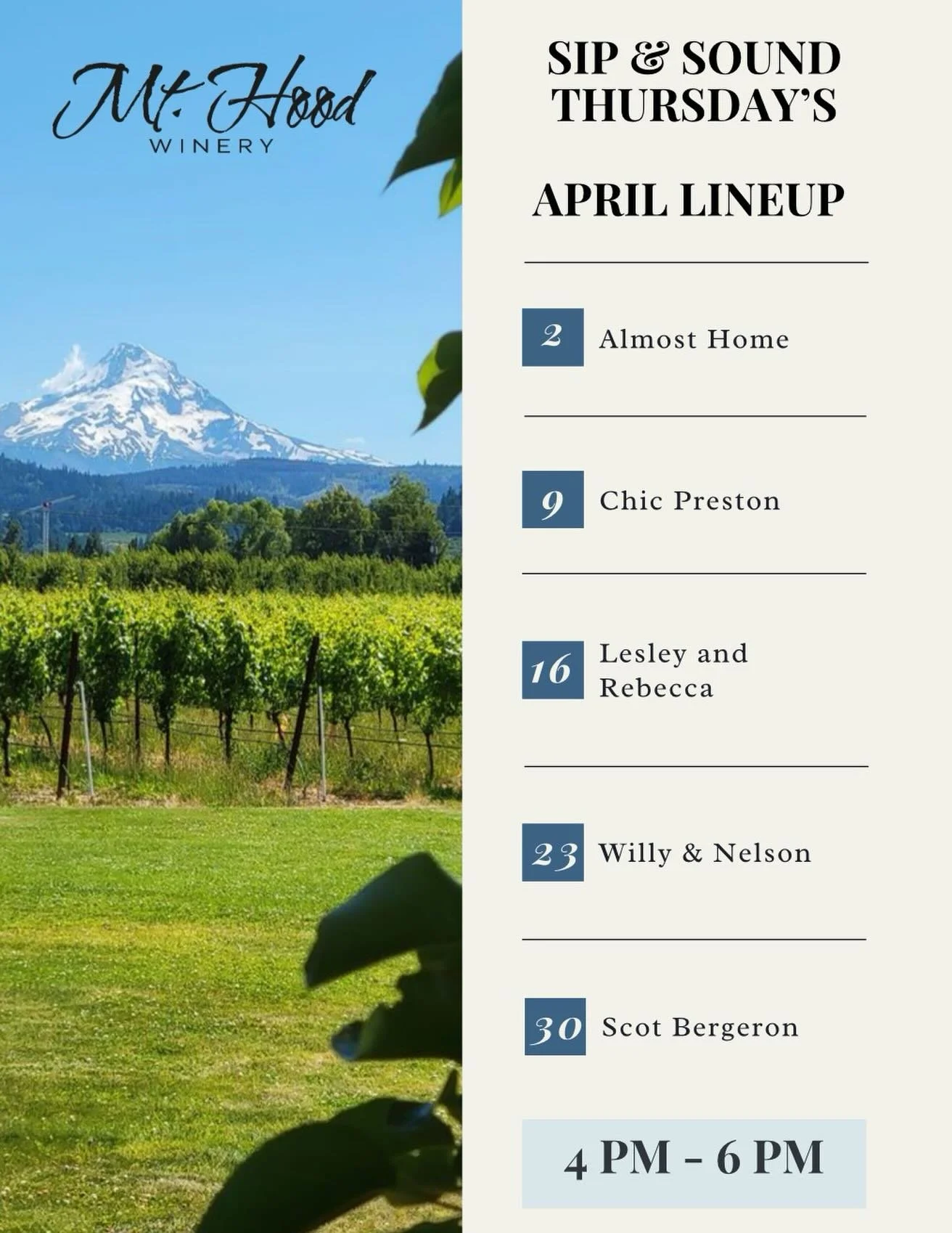 Sip &amp; Sound Thursdays are back for April 🎶

Join us from 4&ndash;6pm each Thursday for live music, great wine, and spring views. No tickets needed, just come by and grab a glass!