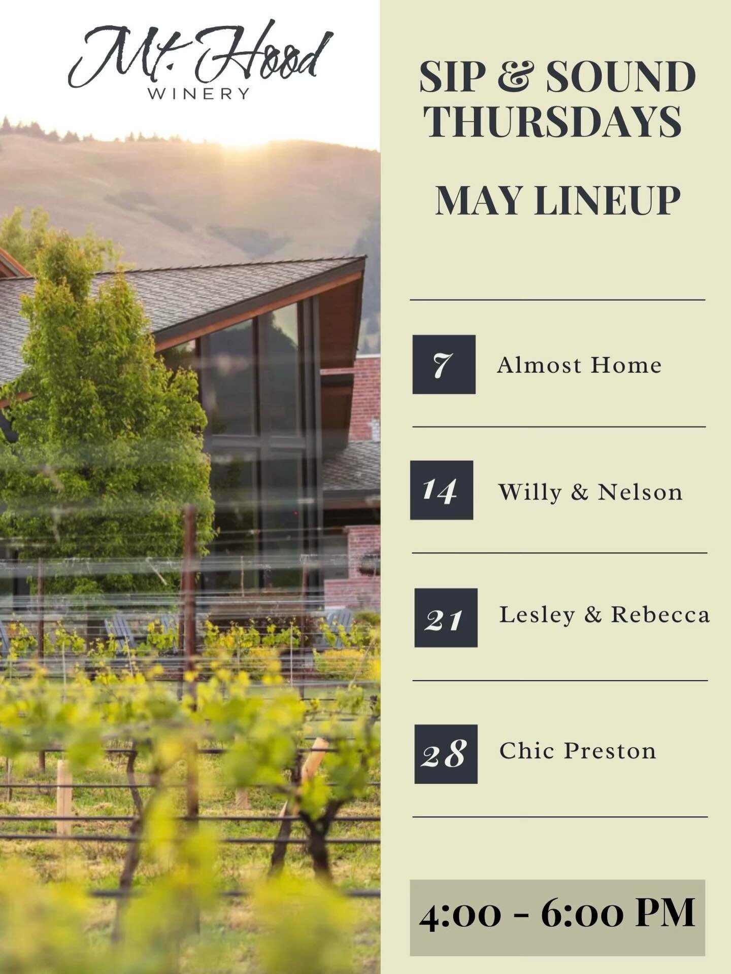 Our Sip and Sound May Lineup is here! Every Thursday in May from 4pm - 6pm ✨ weather pending we&rsquo;ll have music out on the patio or in our tasting room. We hope to see you all there! 🎶🍷