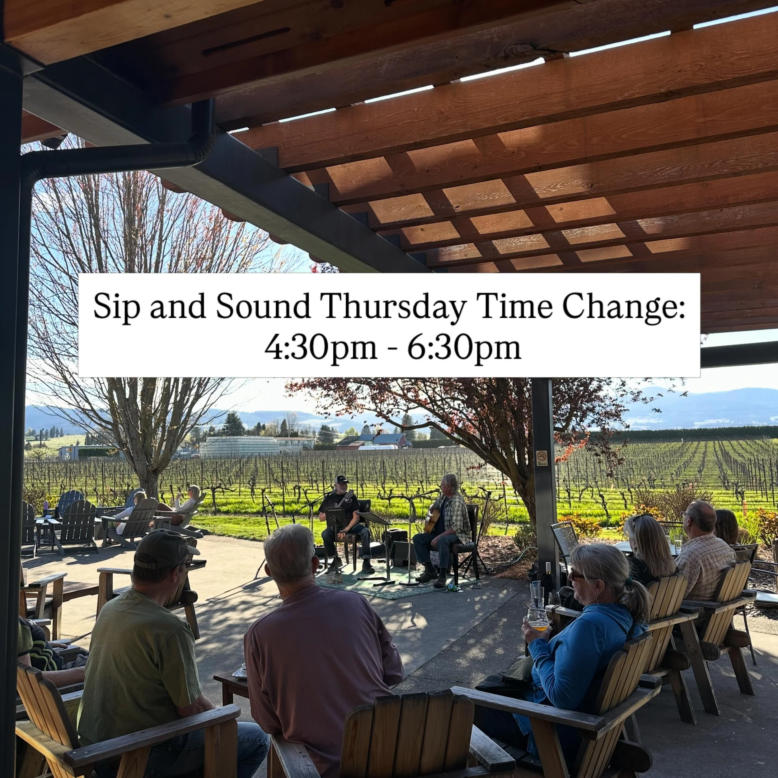 🎶 Sip &amp; Sound Thursday Update 🎶

Tomorrow&rsquo;s Sip &amp; Sound hours will be adjusted to 4:30 PM &ndash; 6:30 PM to accommodate a Chamber of Commerce event happening at the tasting room.

We will still be open to the public during regular se
