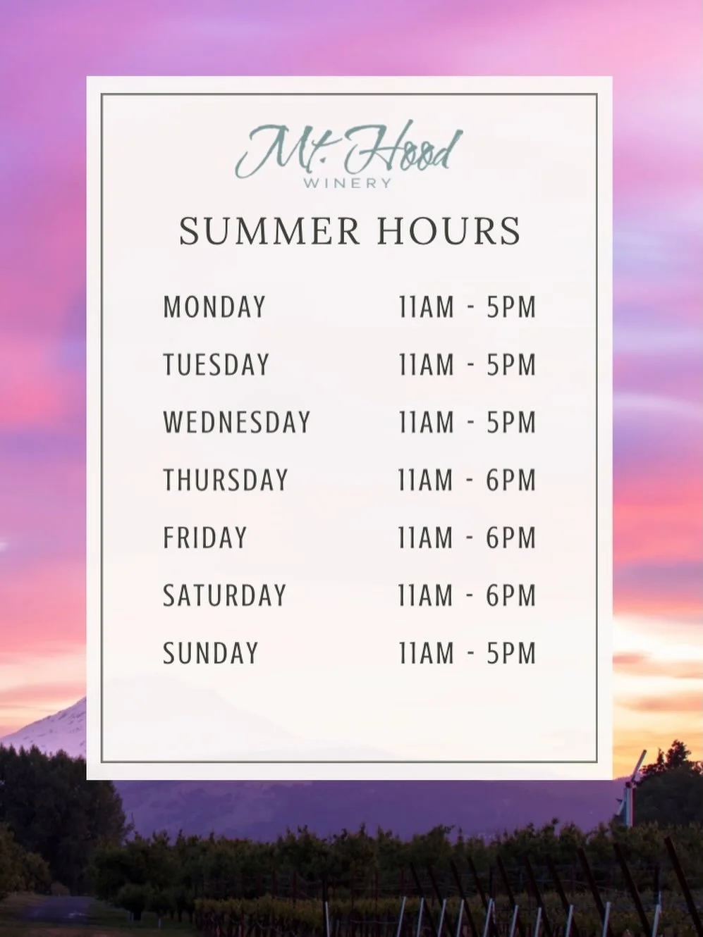 Summer is in full swing, and we&rsquo;ve updated our hours ✨🌅 Join us for wine, stunning views of Mt. Hood, and an extra hour with us Thursday through Saturday here at the tasting room 🍷 We can&rsquo;t wait to see you this summer!