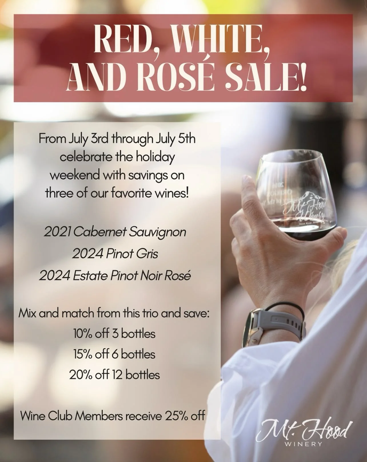 Red, White, and Ros&eacute; Sale starting tomorrow!
From July 3rd-5th, celebrate the holiday weekend with special pricing on three of our favorite summer wines:

~ 2021 Cabernet Sauvignon
~ 2024 Pinot Gris
~ 2024 Estate Pinot Noir Ros&eacute;

Mix an