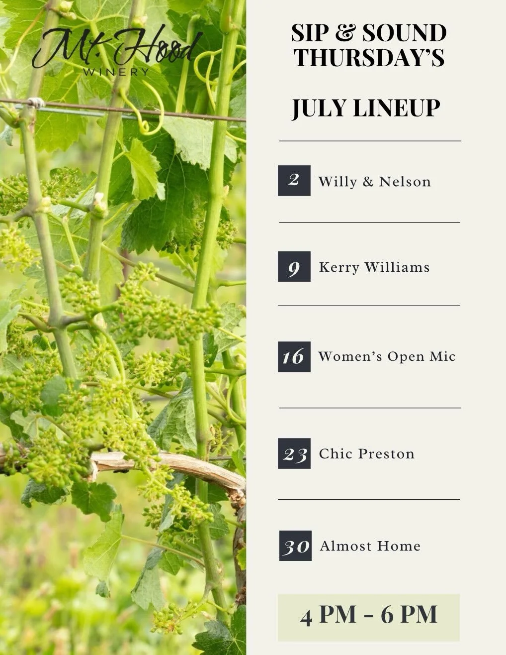 July is nearly here which means we have a new Sip and Sound Thursday lineup ✨ join us every Thursday from 4pm -6pm in July for some local tunes out on our patio 🎶🍷

We will also have the Bram Brata Steel Drum Band back on Saturday, July 11th from 5
